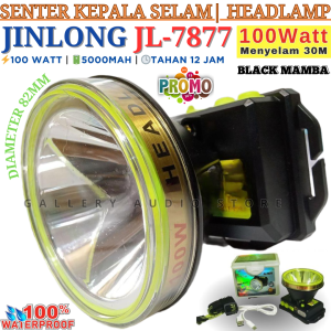Senter Kepala Selam JINLONG JL-7877 100 Watt | Senter Kepala Diving Super Terang Jinlong JL-7877 Black Mamba Lampu Led Baterai 5000mAh Tahan Sampai Dengan 12 Jam Jarak Sorot Sangat Jauh 2000 Meter | Cod