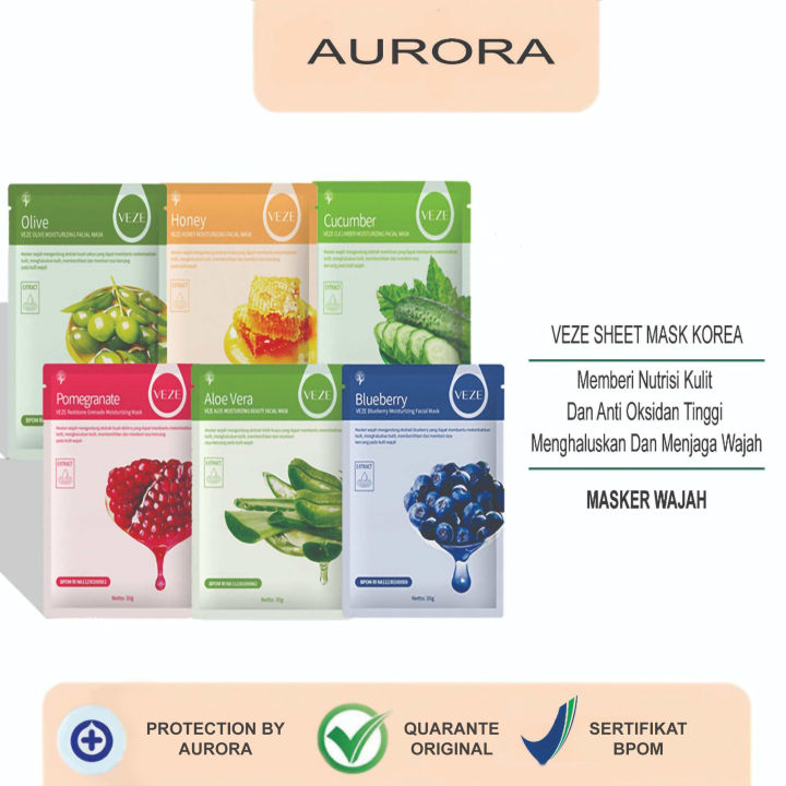[BPOM] - Veze Sheet Mask Masker Wajah Korea Blueberry Aloevera Pomegranate Honey Cucumber Olive