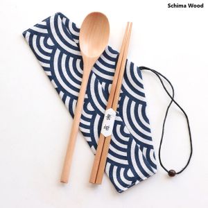Singapore Japanese Style Wooden Spoon and Chopstick Set with Bag Various Color 日式便携勺筷布袋三件套