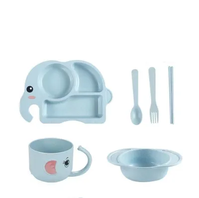 6pcs / set Kids Dinner Bowl Plate Wheat Straw Kids Tableware Dinner Plate Baby Elephant Bowls Set Cartoon Feeding Dish