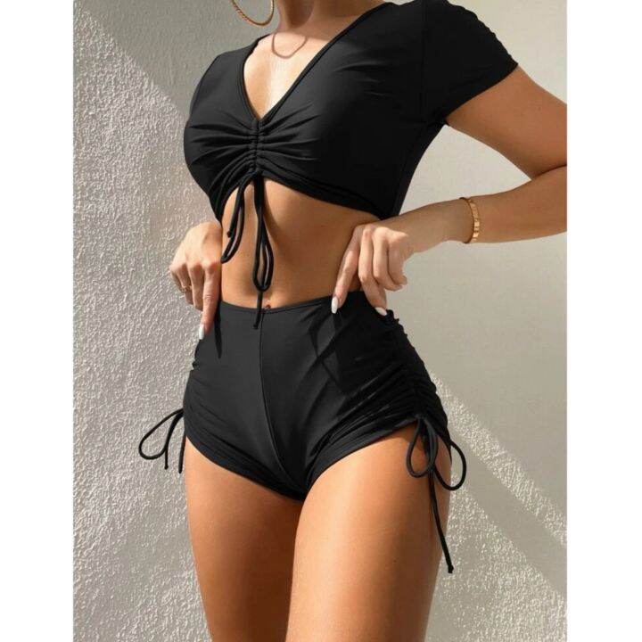 Boyleg Bikini Crop Top Swimsuit Draw String Two Piece Swimwear