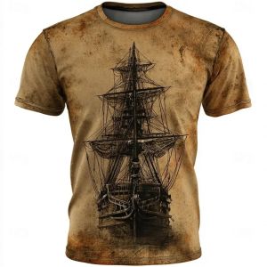 Mens Retro Sailboat T-Shirt 3D Printed Nautical Pattern Casual Short Sleeved Polyester T-Shirt Breathable Round Neck Sports Top