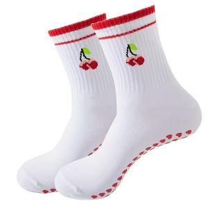 {COD}Cherry embroidery non-slip yoga socks. Mid-calf floor socks. Pilates professional non-slip sports