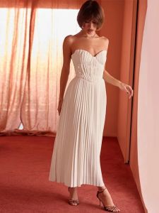 Women Fashion Solid Pleated Strapless Dress Off-shoulder Backless Sleeveless Dresses 2024 Summer Female Evening Party Vestido