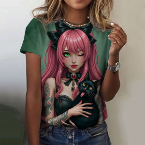 [Local Stock] ZEEMIN Summer Floral Kitten Girl 3D Print T-shirts Women Streetwear Fashion Casual Y2k Short Sleeve T Shirt O-neck Tees Tops Clothing