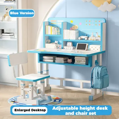 PlayPark Study Table For Kids Hight Adjustable Table and Chair Learning Desk Set for 3-15 Years with Bookshelf