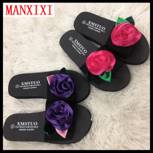 MANXIXI Beautiful 1.18 Inches Wedge Sandals Rose Flowers Inlay Rubber Sole Sturdy Flat Slippers For Women (Size 35-40)