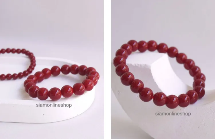 CORAL หินปะการังสีแดง เลือกขนาดเม็ดหินได้ (6-10 มม.) สร้อยข้อมือหินแท้