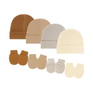4 Set Baby Bonnet Cap Feature Foldable Edge with Mittens Cotton Fabric Gentle On Sensitive Skin Multiple Color Available