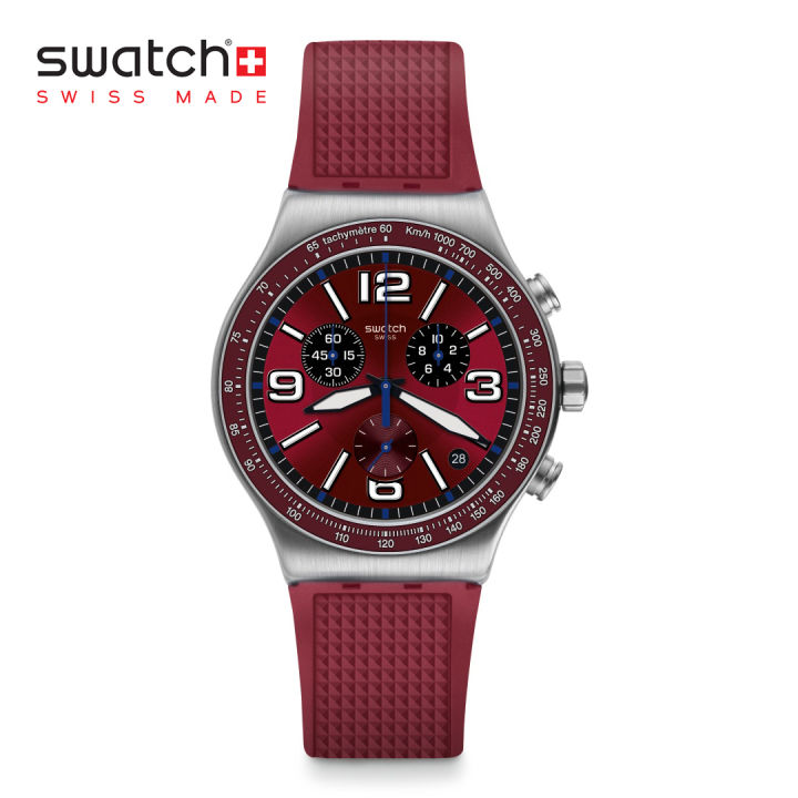 Swatch Irony Chrono WINE GRID YVS464 Red Rubber Strap Stainless