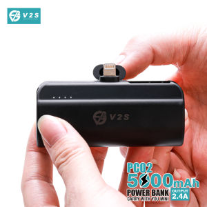 V2S PC02 2.4A Mini Power Bank 5000mah Built-In Cable Powerbank Pocket-Bar Type-C & iPhone Output