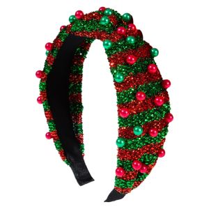 YRUQYS Color Blocking Stripe Christmas Headband Shiny Inlaid Pearl Striped Festive Hairband Creative Exquisite Women Party Headpiece Women