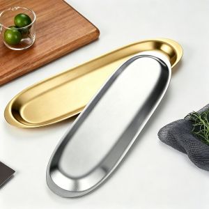 HUNIU Long Plate Picnic BBQ Plate 27/33/41cm Stainless Steel Sushi Plate Reusable Rust-Resistant Food Serving Dish Outdoor Tableware