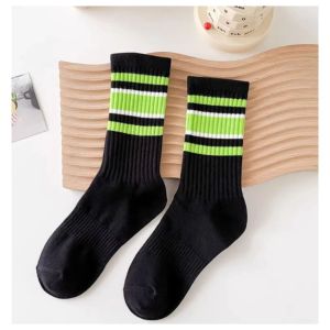 Matching Mid-Length Striped Socks Sport Over Solid Color Stockings