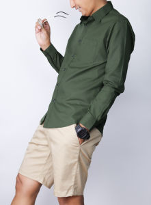 เสื้อเชิ้ตคอปกแขนยาว สีเขียวขี้ม้า   ผ้า Oxford มีไซส์ใหญ่ (อก 40-51)