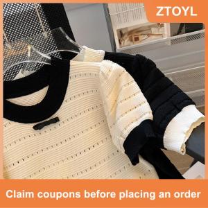 【ZTOYL】 Summer Sweet Hollow Out Knitted T-shirt Women Contrast Color Round Neck Short Sleeve Crop Top