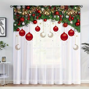 2pcs HD Digital Printed Curtains Home Decor Style Rod Pocket Christmas Wind Chimes Hanging Balls White Elemental Effect Style Curtain For Bedroom Living Room Study Room Office Home Decor