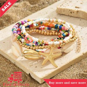 [COD]Flash Delivery 7Pcs Bohemian Style Starfish  Hand Woven Bracelet For Women Girls Fashion Beaded Bracelet Summer Beach Vacation Accessories