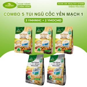 Combo 5 Túi Ngũ cốc Yến mạch 1 ( 3 Ngũ cốc Yến mạch Hạnh nhân Hạt chia + 2 Ngũ cốc Yến mạch Óc chó Mè đen ít đường) 400g