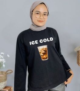 Kaos Oversize Jumbo Kekinian Ice Cold Blus Katun Combed 24s Aplikasi Sablon S M L XL XXL 3XL Blouse Wanita Lengan Panjang Ootd Hijab Remaja Kekinian Outfit Casual Santai Bahan Adem Baju Atasan Rumahan