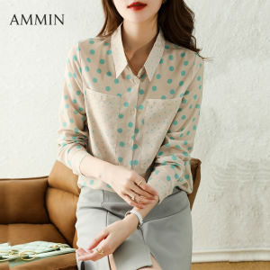 AMMIN Korean style new green polka dot chiffon shirt For women female light familiar design sense niche fashion self-cultivation temperament shirt casual Blouse Tops