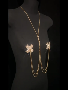 Rhinestones Metal Crosses Nipple Cover Sticker with Chest Chain Necklace Pasties Nightclub Bikini Bra Body