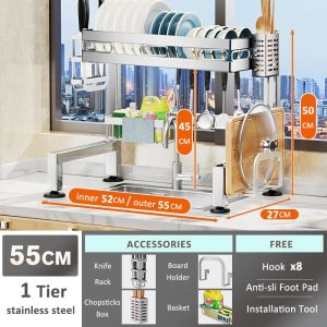 SJORAGE On Hand🔥100-120cm Adjustable Height Stainless Steel 304 Over Sink Dish Drying Rack Kitchen Organizer Dish Rack with Dust-Proof Cabinet Cover