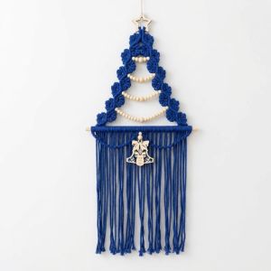 YERZ Woven Christmas Tree Macrame Tapestry Wood Beads Aesthetic Cotton Rope Tassels Tapestry Bohemian Style Art Wall Hanging Pendant Christmas Decor