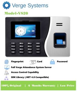 Verge VS20 Biometric Device with Windows Application – Fingerprint Card & Password Attendance Machine with Free SDK Access Control & Perpetual License