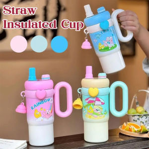 850ml Insulated Cup Cartoon Stainless Steel Straw Tumbler with Handle Large Capacity Travel Mug Car Coffee Cup