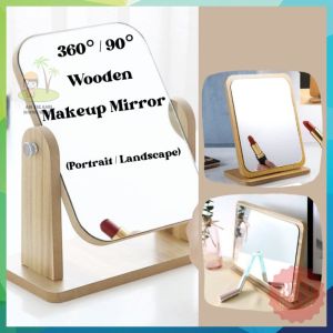 Muji Style Wooden Makeup Mirror 360° / 90° Table Mirror Rotating Make Up Mirror Extra Clear Adjustable Angle Mirror