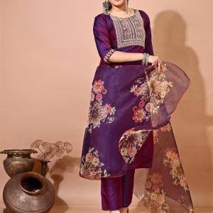 Women Fashion Traditional Silk Embroidery Work Kurti Set with Pant And Dupatta