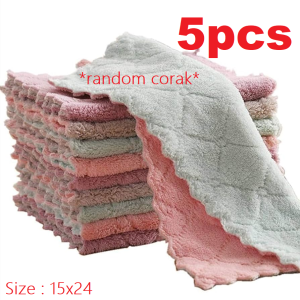 5-Pack Premium Microfiber Kitchen Towels - Soft Absorbent Dish Cloths in Assorted Colors Double-Layer Microfiber Towels: Super Absorbent Coral Fleece Cleaning Cloths for Kitchen Non-Stick Oil Removal Kain Dapur Tisu Dapur