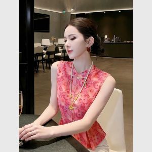Fashion sleeveless shirt womens new new Chinese-style buckle foreign-style printing waist slim and thin stand-up collar sleeveless shirt