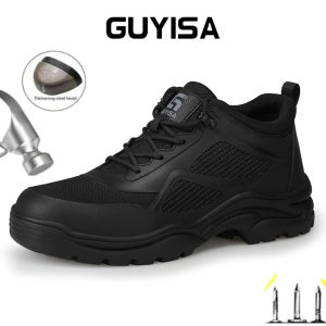 GUYISA Safety Shoes Mens Steel Toecap Wear-resistant Soft Black Work Shoes Protective Anti-smash Male Footwear