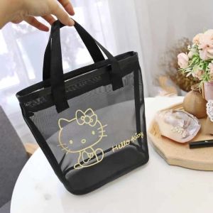 KEURGFKI Nylon Mesh Shoulder Bag Pockets Transparent Kitty Printed Storage Pouch Pouches Bag Organizer Foldable Beach Handbag Girls