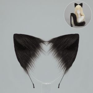 LONGB Plush Cat Ear Headband Realistic Handmade Animal Ear Headwear Simulation Furry Cat Tail Set Party Props