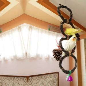 Circle Straw Bird Swing Stand Bird Perches Stand Hanging Chewing Toy for Parrots Bird Playground Cage Accessories Climbing Rope Net Ladders for Foraging Toys (3-Rings)