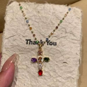 CHUN053634 Y2K Cross Pendant Necklace Crystal Beaded Zine-alloy Beads Necklaces Colorful Zircon Clavicle Chain Women