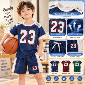 AILEBE Kids Sports Set 100% Quick Dry Sweat-Wicking Mesh Breathable Digital Print Summer School PE Running Outdoor Playdate OOTD