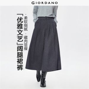 GIORDANO Women Pants Half Elastic Waist Voluminous Culottes Pleated Wide Leg Fashionable Casual Culotte Pants 05415868