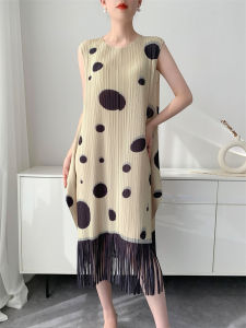 L-1162F. #   One Size (45-75kg) Miyake Style Tassel Print Summer Dress Women Pleated Youthful Loose Fit Plus Size Mid-Length