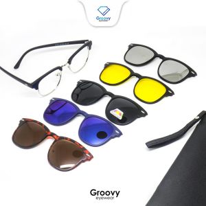 Groovy Eyewear - Kacamata Dylan Clip On Club Master Lensa Minus Blueray Polarized Hitam Sunglass
