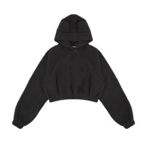Jaket Sherpa Crop Hoodie Bulu Wanita / Hoodie Bulu Kuping Beruang Bear Angsa Size M L XL