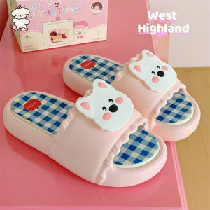 WY-XIXITIAO ins Style One-Word Summer Student Color-Contrast Check Bathroom Slippers Home Cute White Dog Female Personality Slippers