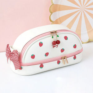 2 Layers Pen Pencil Case Large Capacity Cherry Strawberry Pencil Cases Pencil Bag Portable Stationery Double-Layer Zipper Cosmetic Bag