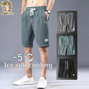 Z1BEE【M-5XL】 Mens Ice Silk Beach Shorts Summer Cooling Breathable Loose Fit Casual Sports Shorts Plus Size Quick Dry Black Grey Green