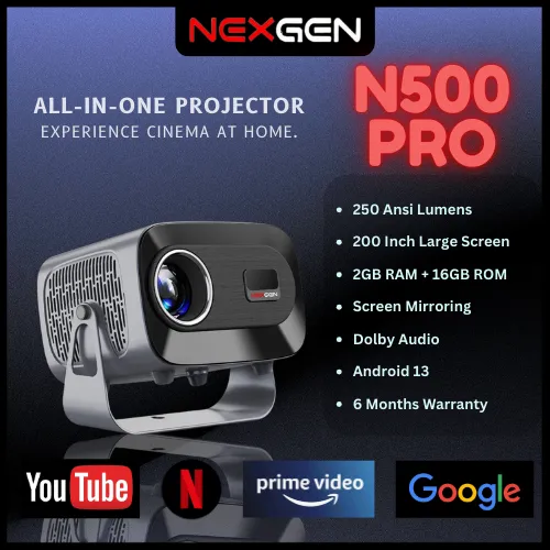 NEXGEN N500 PRO - Android 13 Smart Projector, 250 ANSI Lumens, 2GB RAM, 16GB ROM, 200 Inch Screen, 360° Rotation, Dolby Audio, HDMI, USB