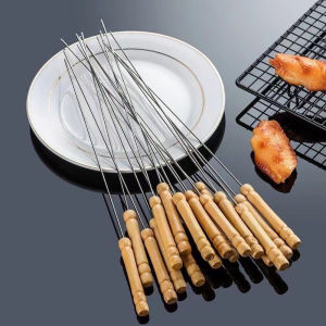 10PCS Barbecue Skewers Handle 35cm Stainless Steel Grilling Skewer Wooden Handle BBQ Skewers Stick