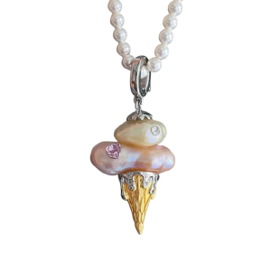 Unique Ice Cream Charm Necklace Pearls Accent Chain Copper Adjustable Length For Daily Wear And Parties